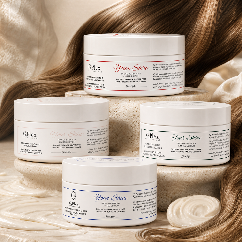 Sélection de masques capillaires Your-Shine G.PLEX pour cheveux secs, colorés et fragiles.