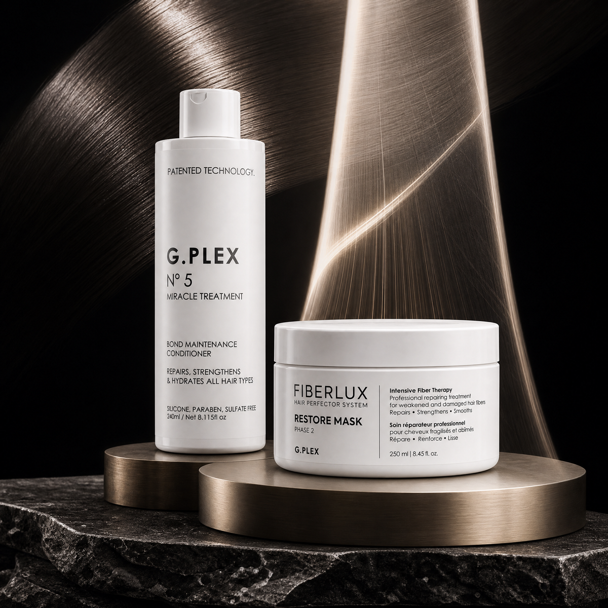 Traitement Miracle N°5 et FIBERLUX Soin Réparateur Intensif Phase 2, soins G.PLEX pour cheveux sensibilisés.