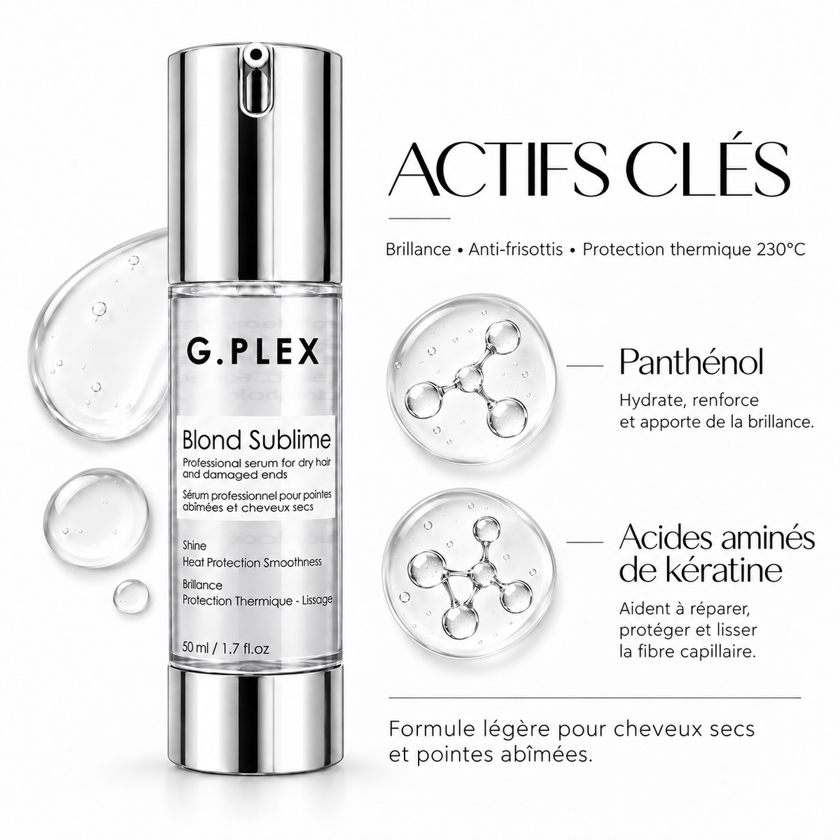 Actifs du sérum G.PLEX Blond Sublime : panthénol, acides aminés de kératine et protection thermique 230°C