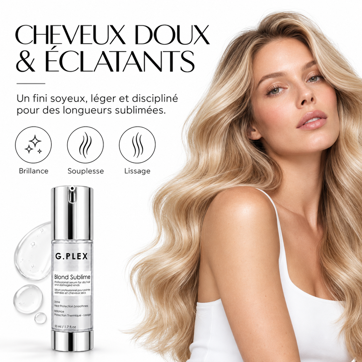 Cheveux blonds doux, brillants et lissés avec le sérum G.PLEX Blond Sublime